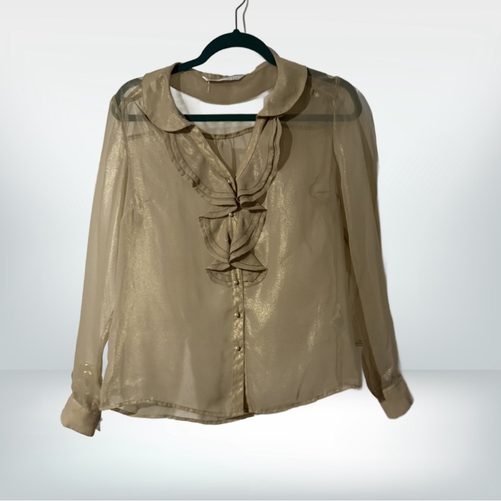 NWT Peter Nygard sheer gold ruffled pearl button down blouse top Womens 6
